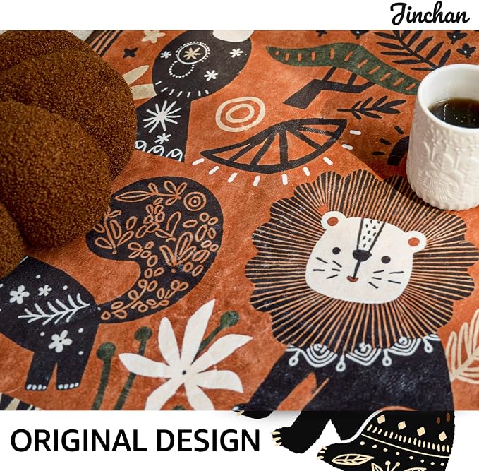 jinchan 5x7 Cute Area Rug Kids Washable Fun Rug Terracotta Boho Jungle Mat | Soft, Cozy, Non-Slip, Kid-Friendly, Safari, Lightweight, Entryway, Kitchen, Dorm, Bedroom, Living Room, Playroom, Nursery