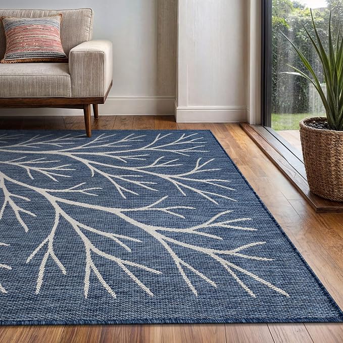 Washable Indoor Outdoor Rug 8x10 Modern Area Rugs Branch Pattern Non Shedding Waterproof Easy Clean Patio Deck Porch Living Room Bedroom Garden RV (8 X 10 Blue)