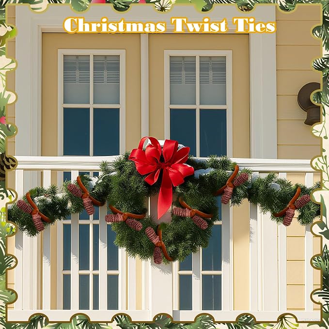 Jutom 16 Pcs 20 Inches Christmas Velvet Garland Ties Decorative Banister Twist Ties Reusable and Flexible for Xmas Light Banisters Home Stairways Railings Decoration(Brown)