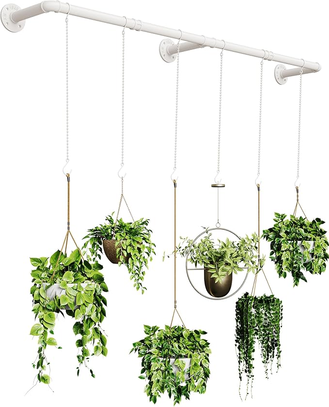 SOFITORG 65.7" Metal Plant Hanging Rod with 6 Chains, Pots Not Included | Wall Plant Hanging Bar, Durable Hanging planter holder for Window Ceiling, Easy Assembly, All Hardware Included, White