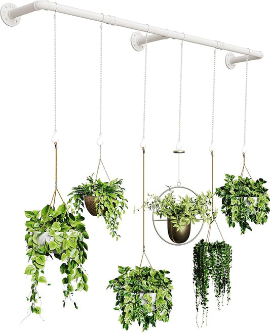 SOFITORG 65.7" Metal Plant Hanging Rod with 6 Chains, Pots Not Included | Wall Plant Hanging Bar, Durable Hanging planter holder for Window Ceiling, Easy Assembly, All Hardware Included, White