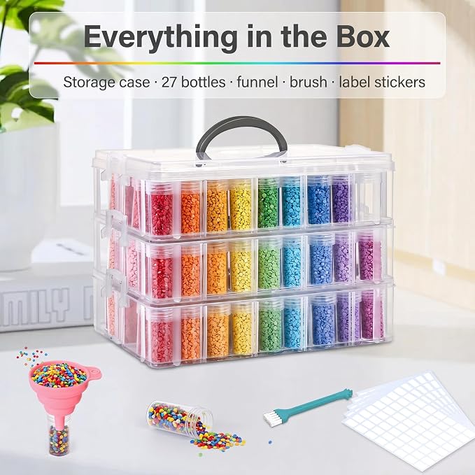 Diamond Painting Storage Container, 3-Tier Bead Organizer Box with 150 Slots, Stackable Crafts Organizers for DIY Diamond Art Craft Jewelry Bead Storage
