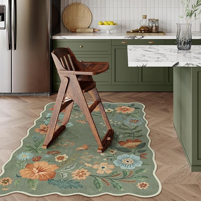 Lahome Floral Washable Rug, 3x5 Rug Soft Bedroom Rugs for Entryway Dorm | Non Slip Ultra-Thin Boho Rugs for Living Room Stain Resistan Throw Carpet for Nursery Entrance, Green