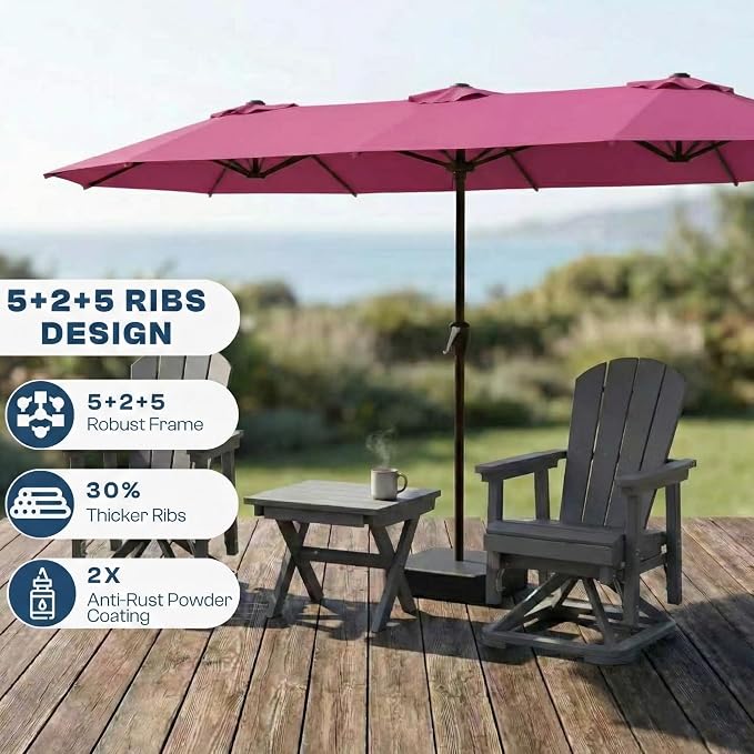 15FT Large Patio Umbrella with Base Included, Double Sided Outdoor Market Umbrella with Flexible Fiberglass Ribs, UV-Blocking Extra Large Umbrella for Garden, Pool, Deck, Rose Pink