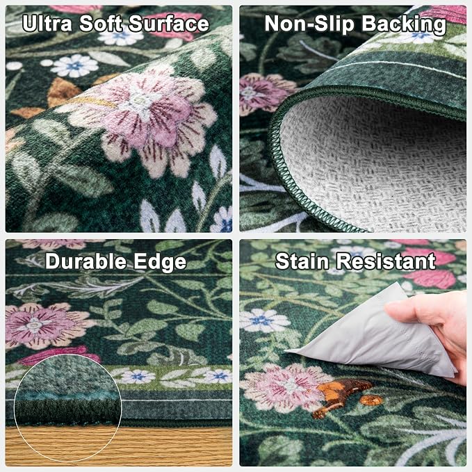 PLHXFR 2.6x10 Washable Runner Rug：Floral Indoor Kitchen Carpet Dark Green | For Hallway Bedroom Kitchen Laundry Bathroom Dorm,Vintage Floral,Machine washable,Non Slip,Stain Resistant,Indoor Floor
