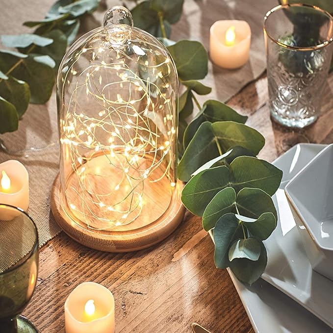 Lyellfe 2 Pack Cloche Glass Dome, 8'' x 5'' Dome Cloche with Rustic Wooden Base, Glass Cloche Bell Jar Display for Plants, Fairy Lights or Table Decor