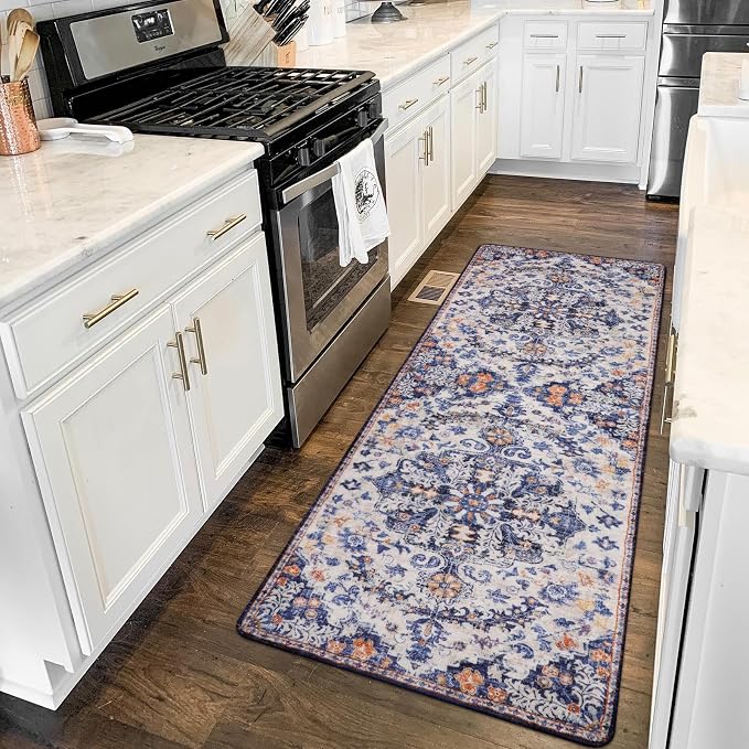 Lahome Reine 2x6 Blue Washable Hallway Runner Rug, Bohemian Floral Medallion Kitchen Carpet Runner, Soft Non Skid Floor Runners for Bathroom Bedroom Vanity Office Sunroom