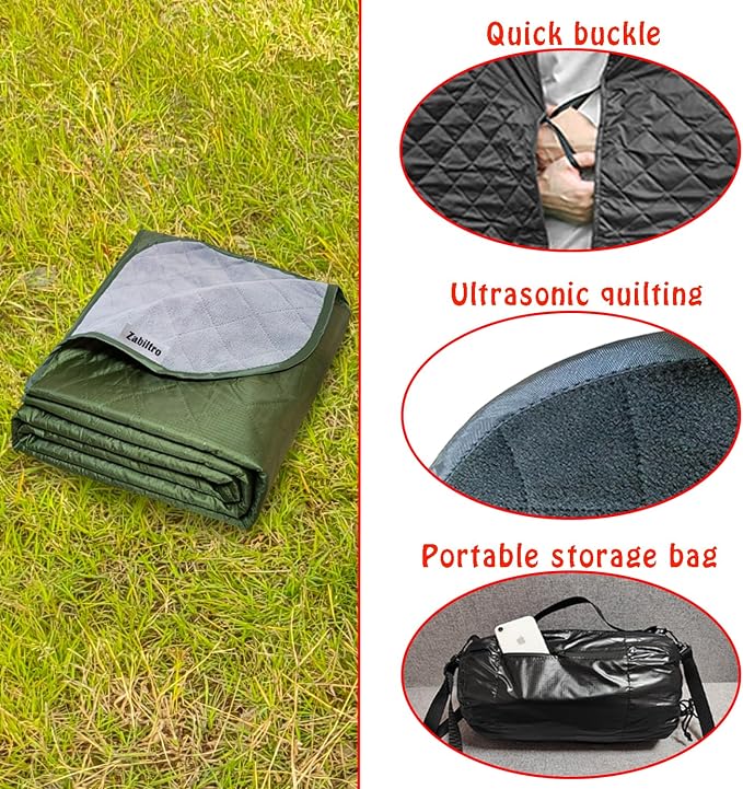 Large Outdoor Waterproof Blanket-Quilted Extra Thick Fleece Windproof Warm Includes Stuff Sack Shoulder Strap Machine Washable,55"x78"- Army Green