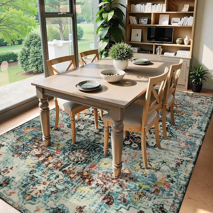 Lahome Reine Area Rugs 6x9, Washable Area Rugs for Living Room Non Slip Bedroom Dining Room Rug, Large Bohemian Soft Stain Resistant Indoor Floor Carpet for Apartment Nursery Kids Room, Teal