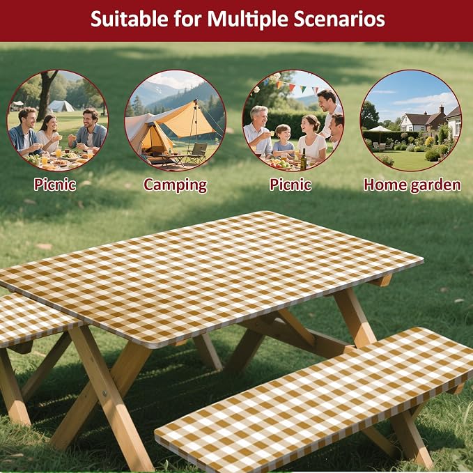 8ft Picnic Table and Bench Cover, Camping Essentials RV Gear, 96 in Waterproof Windproof Outdoor Elastic All Around Tablecloth, Fitted Rectangle Tables and Seats, Coffee-White Checkered