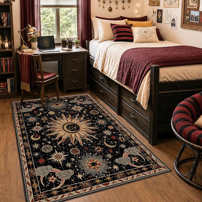 Vacuum-Friendly, 4x6 Washable Area Rug, Black Gold Beige Red | Sun and Moon Boho Gothic Non-Slip Low Pile Living Roon Bedroom Dining Room Kitchen Entry Entryway Entrance Hallway Doormat