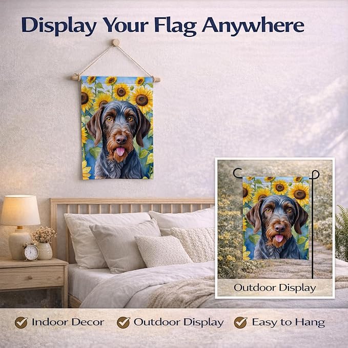 Caroline's Treasures DAC6086GF German Wirehaired Pointer in Sunflowers Garden Flag Mailbox Flag Decorative Yard Flag Banner Outside Patio Artwork Yard Flower Beds, Garden Size, Multicolor