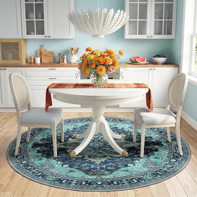 RELEANY Washable Area Rug, Round 6ft, Teal | Non-Slip, Water Repellent, Pet Friendly, Easy to Clean, Vintage Floral Boho Decor for Living Room Bedroom Dining Room