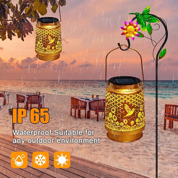 2 Packs Solar Lanterns Outdoor Waterproof with Shepherd Hook,Hummingbird Hanging Solar Lights Garden Decor,Christmas Decorations Birthday Gifts for Women Mom,Metal Bird Decorative for Yard,Patio,Lawn
