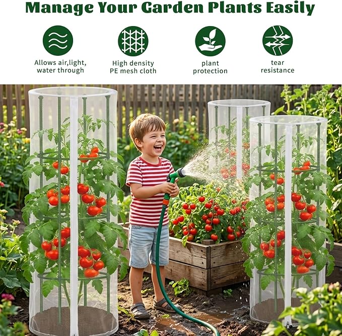 3PCS Garden Bird Netting for Tomato Cage with Zipper & Drawstring | 59"x 18" Round Tomato Trellis Garden Netting Insect Bird Barrier Protection Mesh Cage Cover for Tomato Planter Gardening Pots