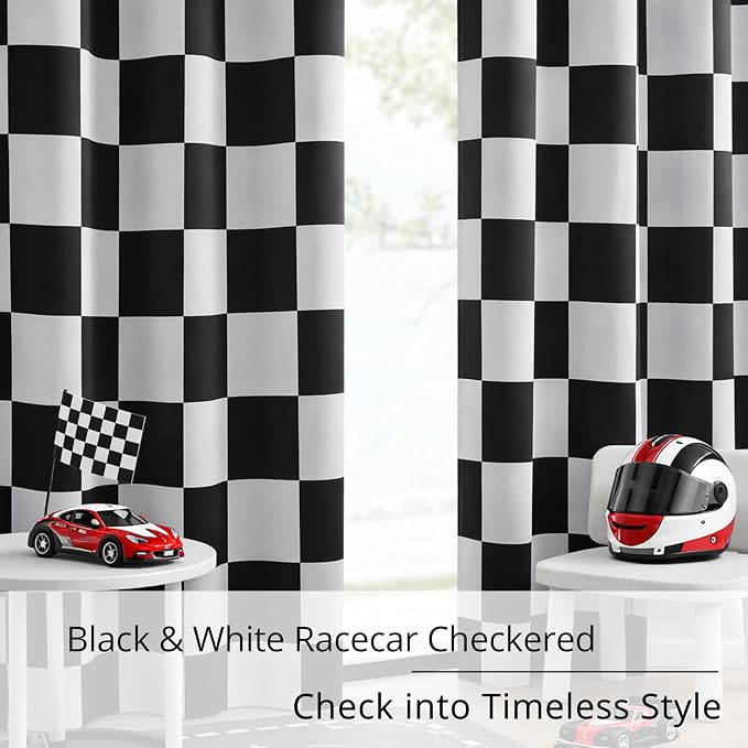 Rod Pocket & Back Tab Checkered Curtains, 100% Blackout, Race car Flag Checkerboard Curtains, Thermal Insulated, Noise Reducing, 2 Panels, Each W42×L84