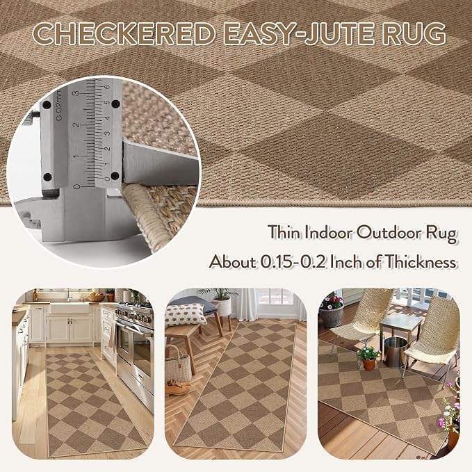 Lahome Colette Checkered Easy Jute Runner Rug, 2x6 Kitchen Mats for Floor Non Slip Washable Entryway Runner, Checkerboard Nature Indoor Outdoor Carpet for Hallway 6ft Entry