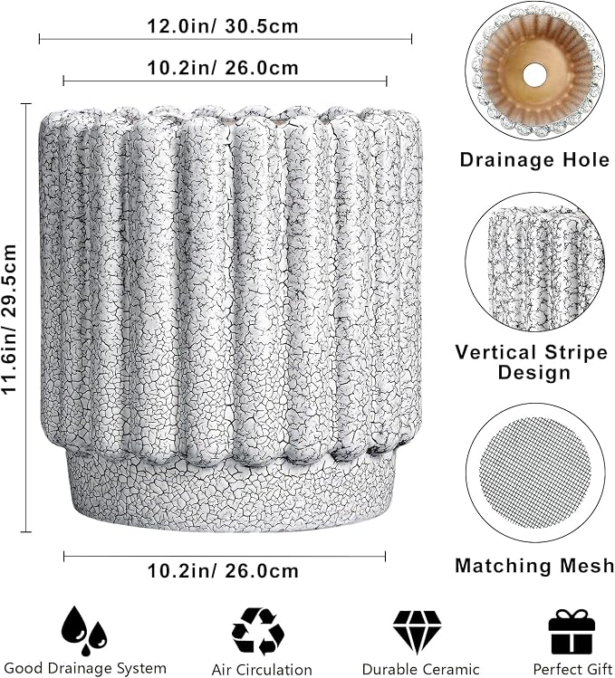 Ceramicfor Ceramic Planter, 12 Inch, Black and White | Indoor Plants, Drainage Hole, Fluted Round Design, Indoor & Outdoor Use
