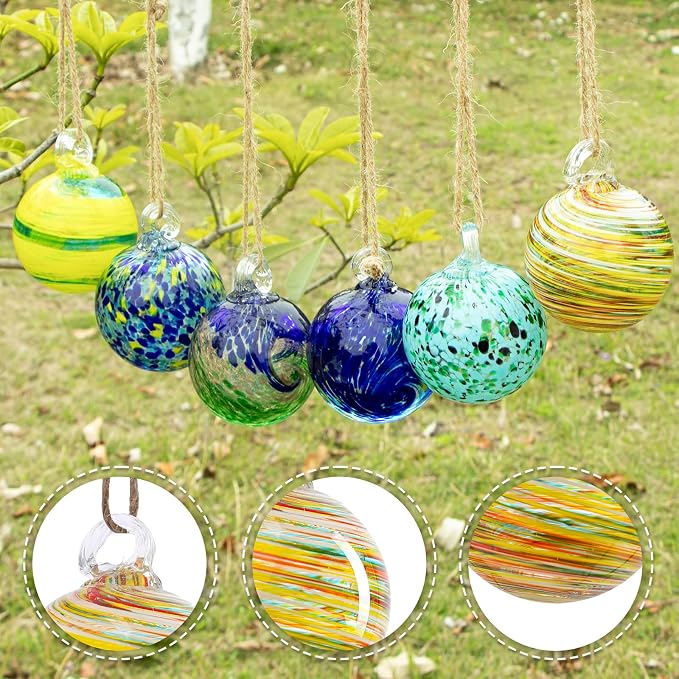VCUTEKA Hanging Garden Gazing Ball, Glass Witch Ball for Outdoor Decor, 3" | 6pcs Hanging Gazing Balls, Hand-Blown Witch Ball Ornament Colorful Swirl Garden Globe for Outdoor Garden Lawn Yard Decorative