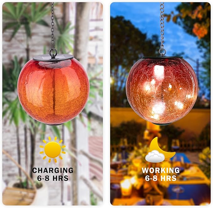 Mosaic Solar Hanging Lantern Orange Glass Outdoor Waterproof Solar Lights | Hanging Solar Lights for Outside, Cracked Mosaic Ball Lights Solar Powered Waterproof Garden Lights Housewarming Gifts