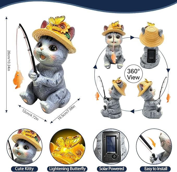 VOOKRY Cat Garden Statues, Outdoor Fishing Cat with Solar Lights Waterproof | Birthday Gifts for Cat Lovers Mom Women Christmas, Cat Figurines Garden Decor, Yard Decorations Patio Porch Lawn Ornaments