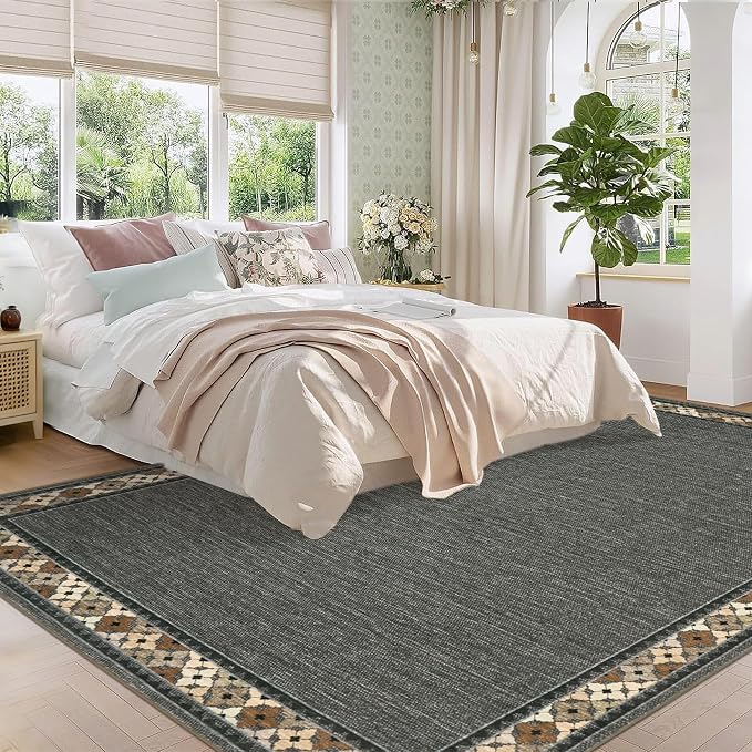Garvee Large Area Rug 10x13 Rugs Tribal Border Washable Rug, Brown | Floral Border Area Rug Stain Resistant Easy Cleaning Throw Rugs Low Pile Floor Cover for Nursery Dining Room Apartment
