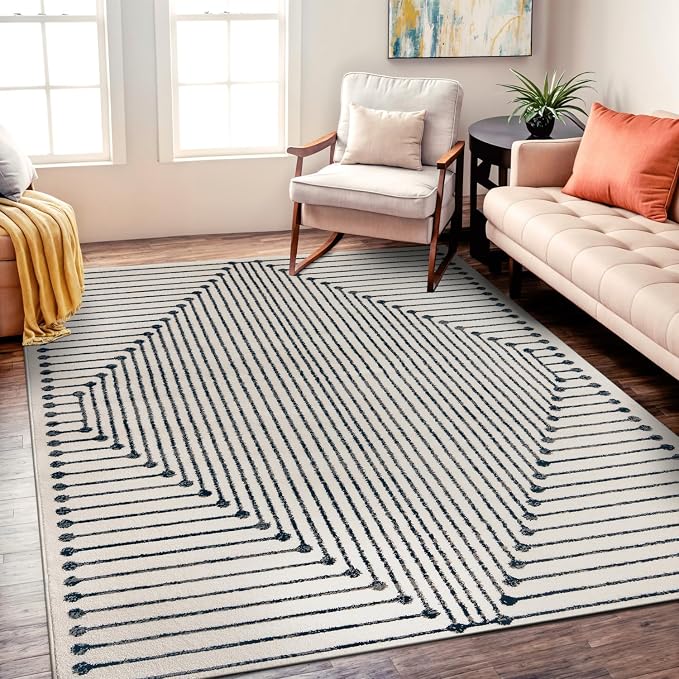 Rugshop Contemporary Bohemian Stripe Area Rug 5' x 7' Cream | Jute Backing, Soft Medium Pile, Stain Resistant, No Shedding, Bedroom, Home Office, Dining Nook, Kids Room, Guest Room