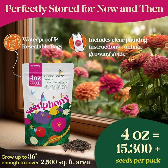 Seedphony Zinnia Seeds Pack 4 oz - 15,300 Non-GMO Heirloom Zinnia Seeds for Planting, Perennial Flowers in Waterproof Seed Packet, Wildflower Seeds for Planting Garden Indoor & Outdoor Gardening