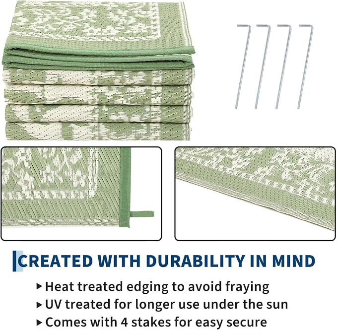 Garvee Outdoor Rug 9x12, Waterproof Reversible Foldable Plastic Straw Rug, Botanical Cottagecore Outdoor Rugs Patio Camping RV Carpet for Deck Camper Porch Balcony Picnic Beach Gray Sage Green