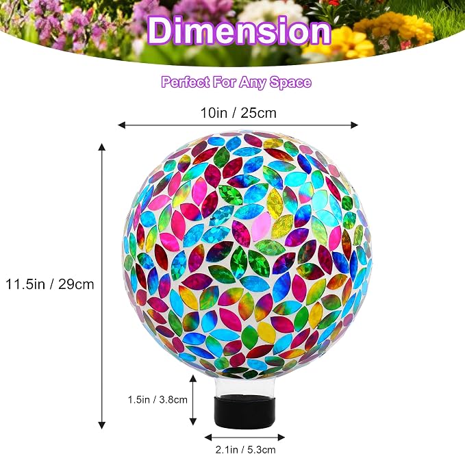 SAVENNA Mosaic Garden Gazing Ball 10 Inch, Glass Decorative Sphere for Indoor & Outdoor Garden, Patio, Home & Yard, Multicolor Petal Pattern