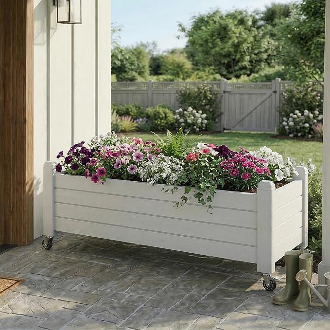 Vixzen Mobile Raised Garden Bed with Lockable Wheels, Resin Outdoor Planter Box with Drainage for Vegetables, Flowers, Herbs in Patio, Yard, Balcony (Gray, 43.31 * 17.72 * 17.56)