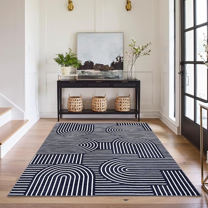 ROYHOME Modern Washable Rug 5x7 Area Rugs for Living Room Non Slip, Blue | Abstract Rug for Bedroom, Rainbow Throw Rugs with Rubber Back, Low Pile Stain Resistant Boho Geometric Carpet for Dining Room