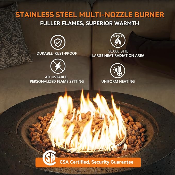 COSIEST 42 inch Outdoor Propane Fire Pit Coffee Table w Concrete Round Base Patio Heater, 50,000 BTU Stainless Steel Burner, Free Lava Rocks, Rain Cover, Gray