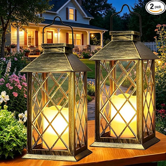 Yowin Solar Lanterns Outdoor Waterproof 2 Pack 14" Large Tempered Glass Hanging Solar Lantern with Flameless Candle, Garden Gifts, Table Lamp for Wall Balcony Patio Vintage Decorations - Bronze