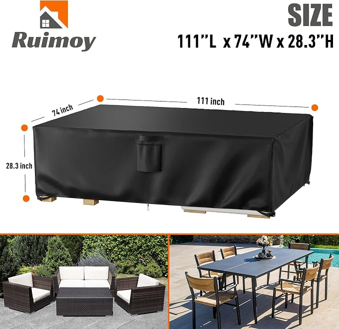 Ruimoy Patio Furniture Covers, Outdoor Furniture Cover Waterproof, General Purpose, Outside Table and Chair Covers, Heavy Duty 600D (111 Inch L x 74 Inch W x 28.3 Inch H)