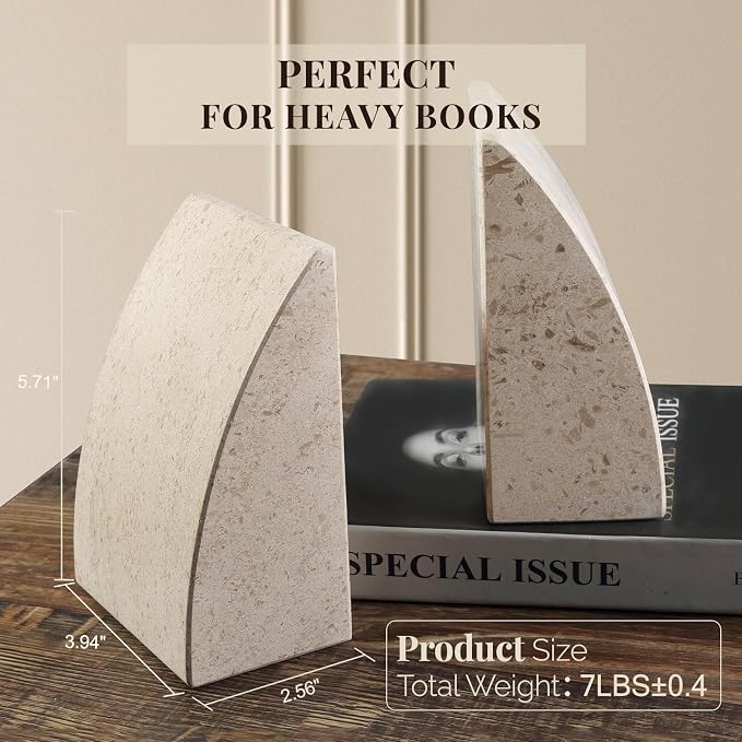 Koville Marble Bookends for Shelves, Large Bookends for Heavy Books, Non-Slip Heavy Duty Book Stopper for CD/Movies, Aesthetic Decorative Bookends for Shelves Table Home Decor(Brown)