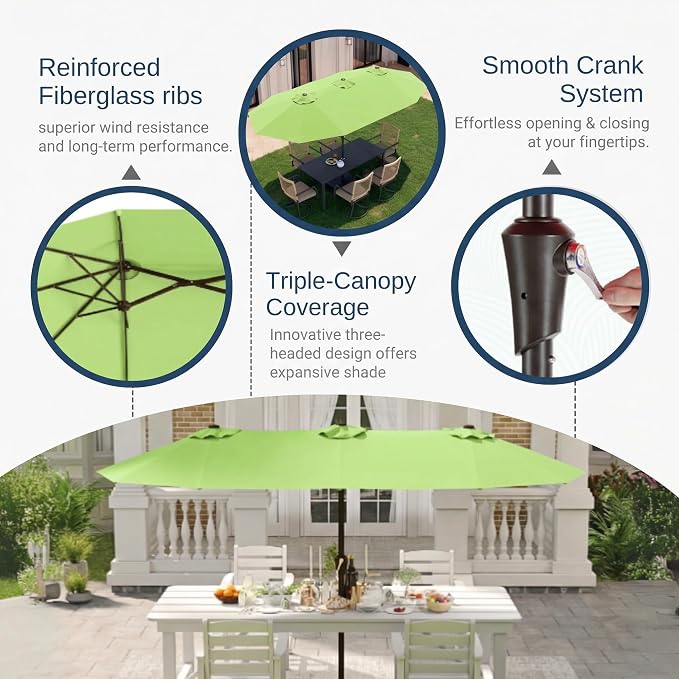 15FT Large Patio Umbrella with Base Included, Double Sided Outdoor Market Umbrella with Flexible Fiberglass Ribs, UV-Blocking Extra Large Umbrella for Garden, Pool, Deck, Apple Green