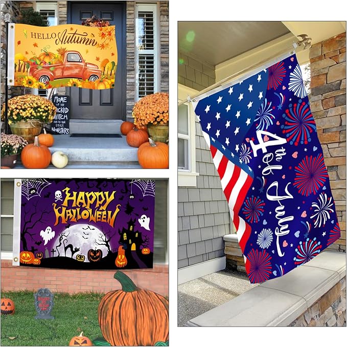 Seasonal Garden Flags Set of 12-3x5 ft Large Outdoor Yard Flags for All Seasons, Fall, Winter, Halloween, and Christmas - Holiday House and Garden Flags for Outside Decor