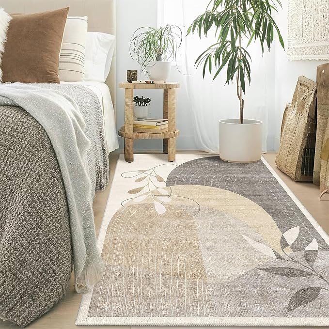 3x5 Rug Washable Area Rugs Low Pile Non Slip Mid Century Modern | Small Throw Carpet for Bedroom Entryway Living Room Office Bedside Indoor Boho Abstract Retro Geometric Neutral Beige