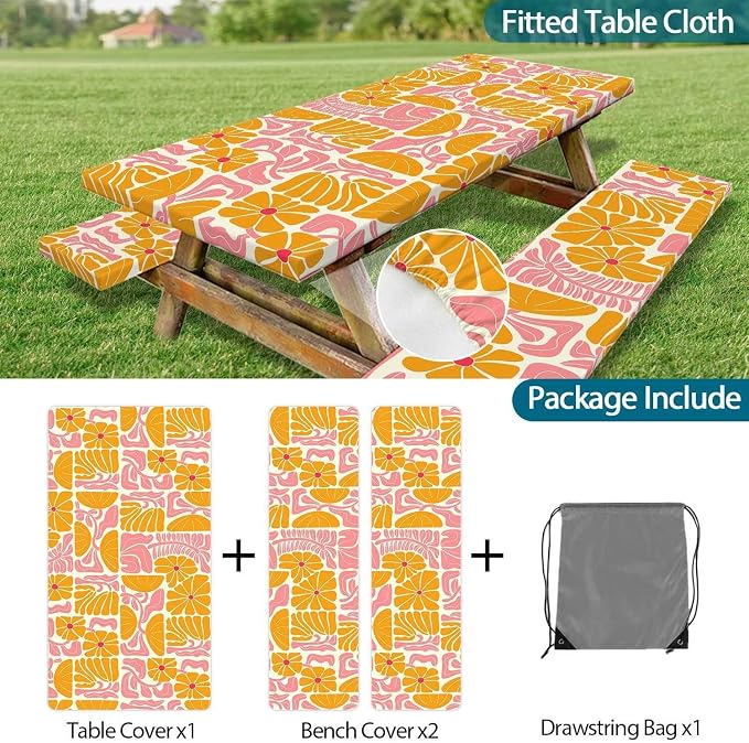 Picnic Table Covers with Bench Covers Boho Patchwork Orange Pink Flower Pattern Camping Tablecloth Fitted Picnic Table Cover with Elastic Windproof Waterproof, Camping Accessories Outdoor, 60In 3PCS