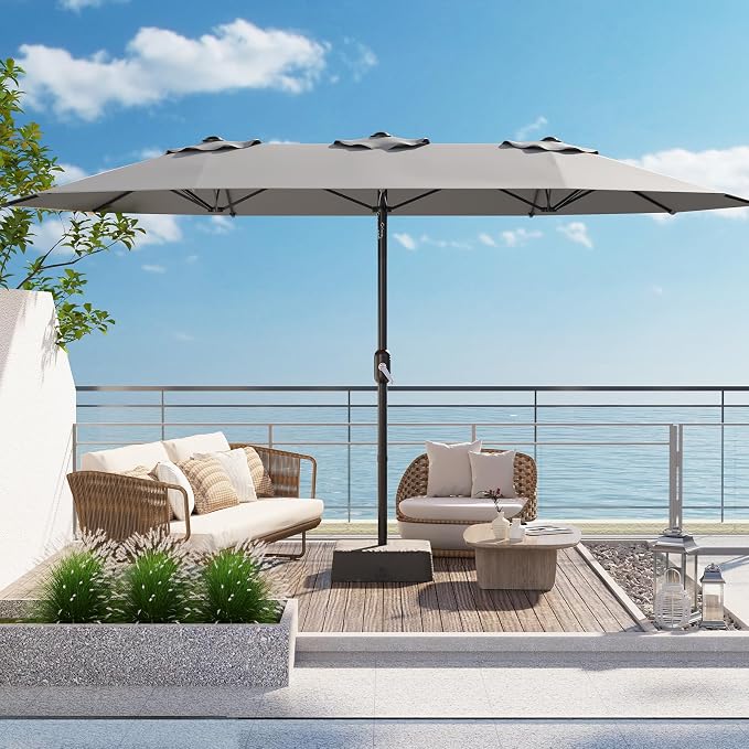 Garvee 15FT Rectangular Outdoor Umbrella Patio Umbrella with Base Included Large Market Umbrellas with Crank Handle UV Protection Table Umbrellas for Outdoor, Backyard, Deck, Poolside, Grey