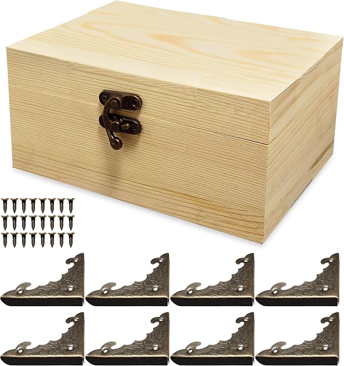 6.7"x5.1"x3.1" Unfinished Unpainted Wooden Box with Hinged Lid for Crafts DIY, Storage Jewelry Plain Pine Box with 4 Pcs Retro Style Decorative Corner Protectors