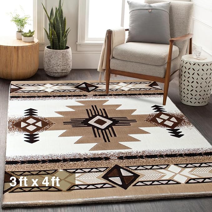YHSF South West Native American Area Rug C318 - Easy Clean, Thick, Soft, Durable Native Tribal American Indian Inspired Rug for Bedroom/Living Room and More - Ivory, 3 Feet x 4 Feet 7 Inches