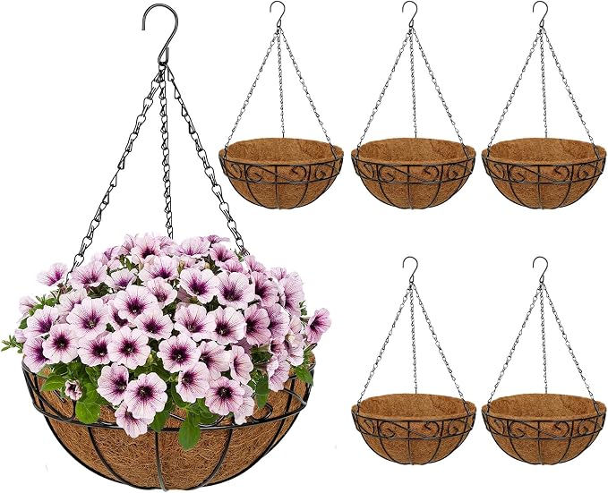 6 Pack 12 inch Metal Hanging Baskets for Plants, Round Metal Wire Hanging Basket Planter with Coco Fiber Liners Chain for Garden Home Porch Patio, Flower Border