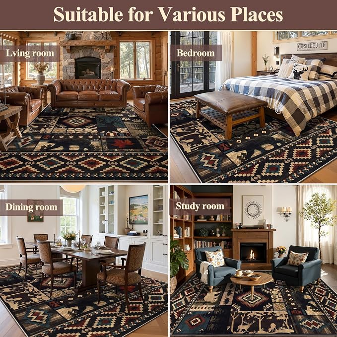 LOKHOM 5x7 Rustic Bear Area Rug, Washable Southwestern Lodge Cabin Rug | Bear Pattern, Non-Slip, Low Pile, Soft Vintage Wildlife Accent Floor Carpet, For Living Room Bedroom Dining Room Nursery
