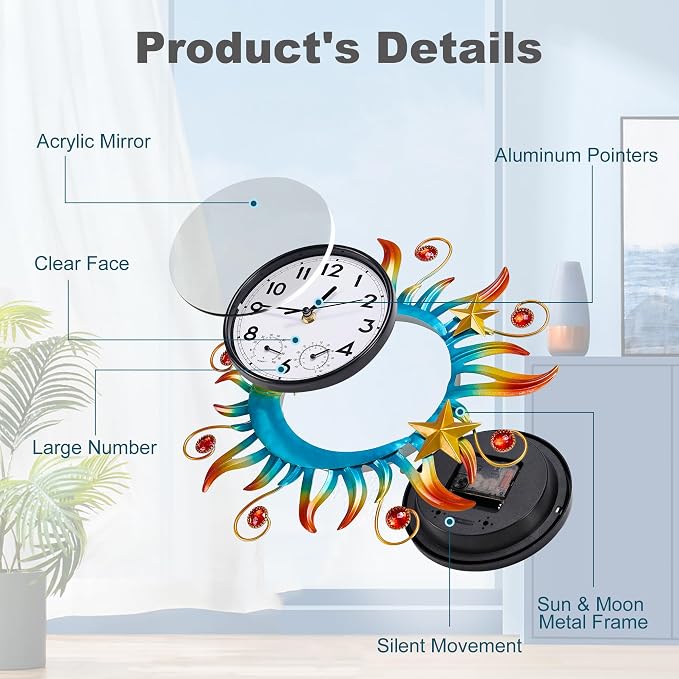 Sun and Moon Outdoor Clocks for Patio Waterproof, Outdoor Wall Clock Thermometer Combo, 13 Inch Silent Non-ticking Decorative Clock with Temperature, Decor for Garden, Living Room and Kitchen