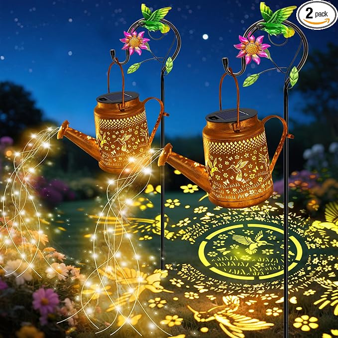 VOOKRY 2 Pack Hummingbird Metal Solar Watering Can Lights, Solar Lights Outdoor Waterproof, Gifts for Women Mom Birthday, Hanging Lanterns Decorative Garden Decor for Outside Yard Patio Lawn