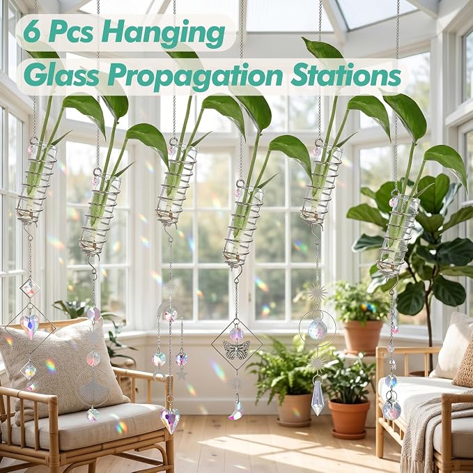 6Pcs Wall Hanging Glass Propagation Station with Crystal Planter Suncatcher | Hanging Propagation Vases for Wall Indoor Plants Hydroponics Mini Test Tube Flower Vase with Metal Chain for Home Decor