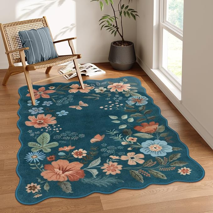 Lahome Floral Washable Rugs for Bedroom, 4X6 Area Rug Soft Living Room Rug | Ultra-Thin Non-Slip Classroom Rug Stain Resistant Boho Rug Low-Pile for Nursery Office Flore (4x6ft, Navy/Blue)
