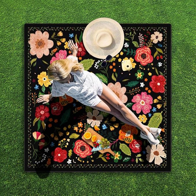 Picnic Blankets Waterproof Foldable Extra Large,80"x 80" Outdoor Beach Blanket Sandproof,3-Layer Lightweight Handy Mat Tote Picnic Camping Rugs for Outside Your Rv (Boho Vintage Floral Black)